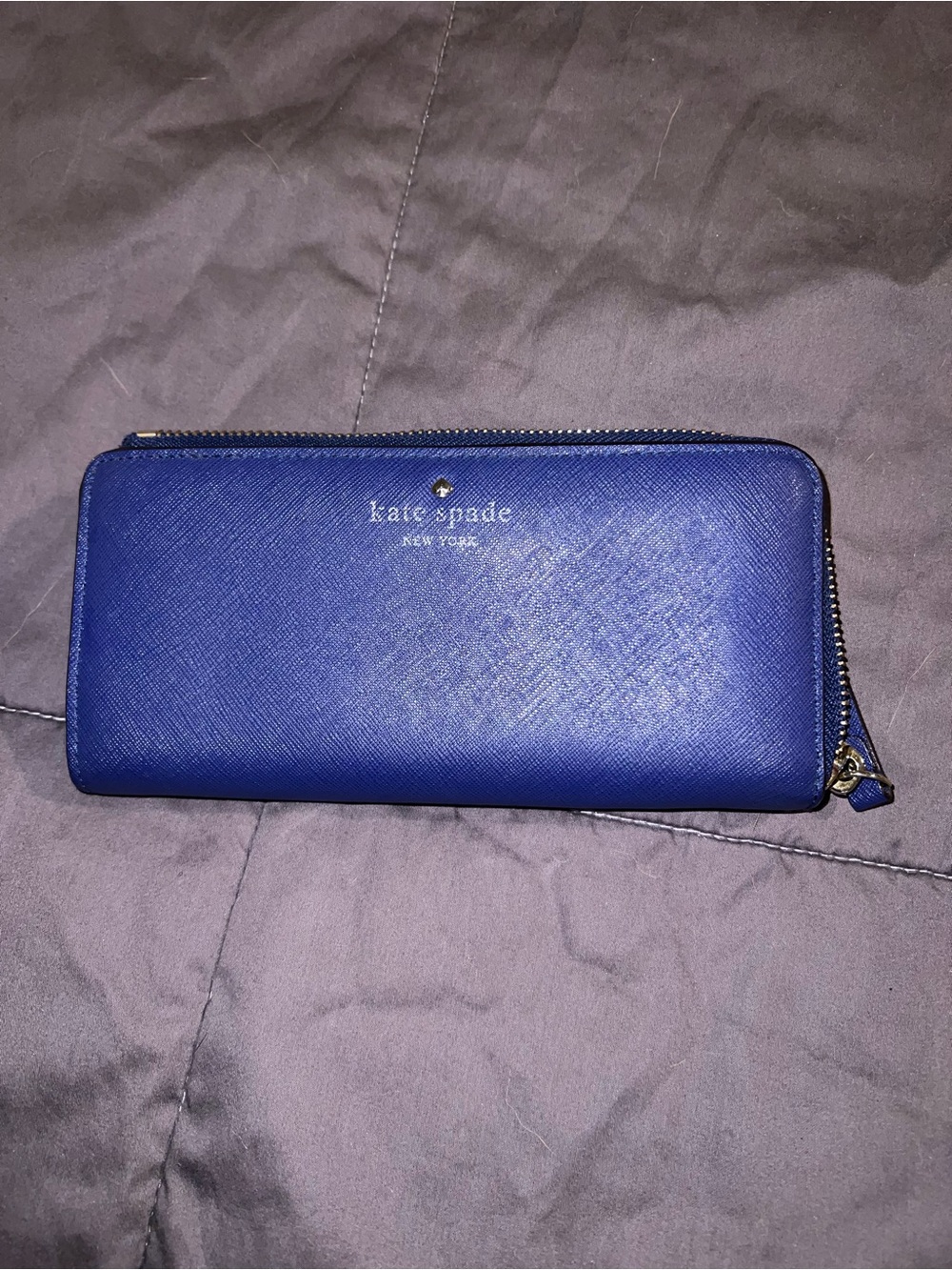 kate spade Blue Saffiano Leather Zip Around Wallet with Gold Accents